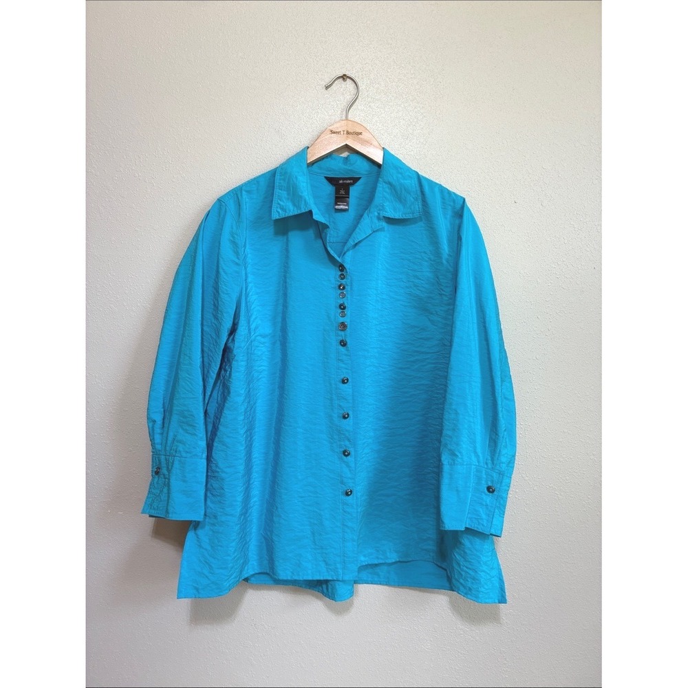 Ali Miles LG Turquoise 3/4 Cuff Sleeve Button Up Tunic Top Artsy Deco Lagenlook